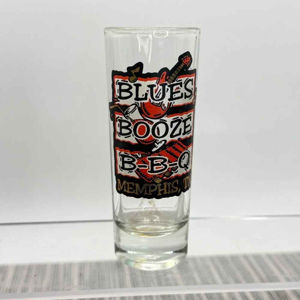 Blues Booze BBQ Memphis TN Shot Glass Tall Shooter‎ Souvenir Clear Glass